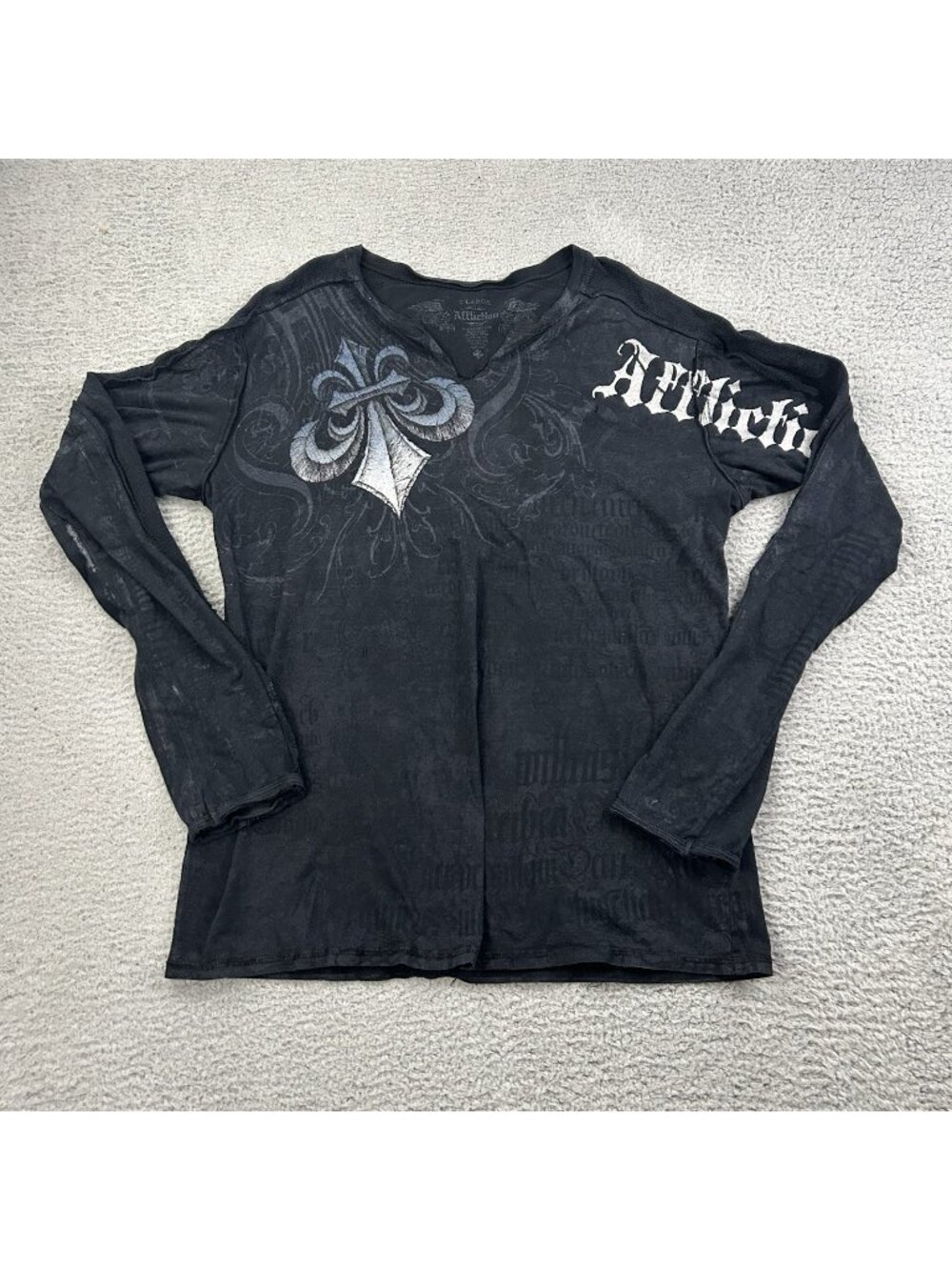 Affliction Long Sleeve Mens Shirt Black Size XL Distressed Grunge Y2K Angel Wing